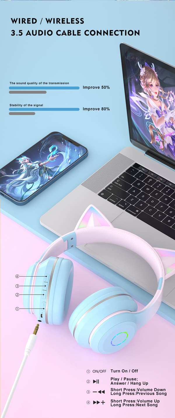 Barn Bluetooth hodetelefoner sammenleggbare med LED-lys Lavendel lila