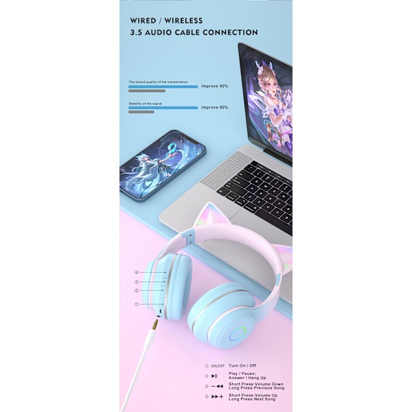 Lasten Bluetooth-kuulokkeet, kokoontaitettavat LED-valoilla Rosa färg