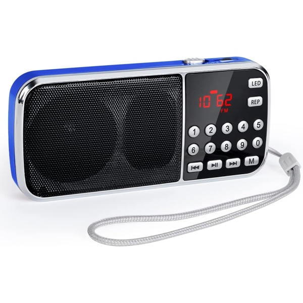 Bärbar radio PRUNUS L-189, 3W AM/FM-radio 1200mAh med dubbla högtalare, LED-ficklampa, laddningsbart batteri, （Blå）