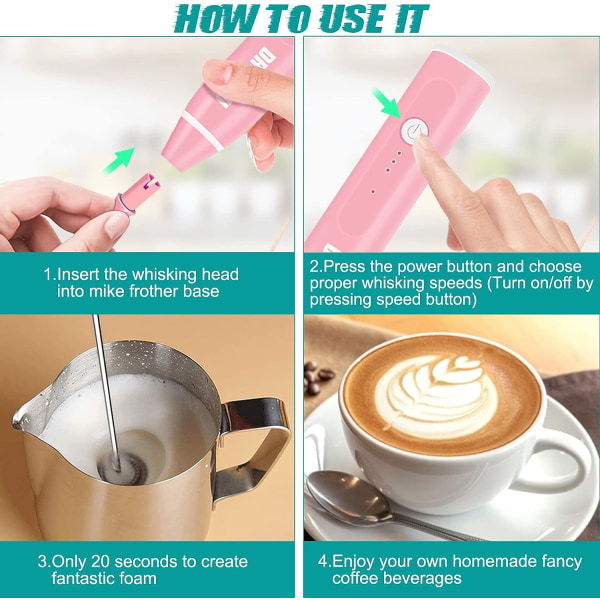 Bärbar mjölkskummare, Mini USB uppladdningsbar elektrisk skummaskin för Cafe Latte, 4 hastigheter, mixer för drycker