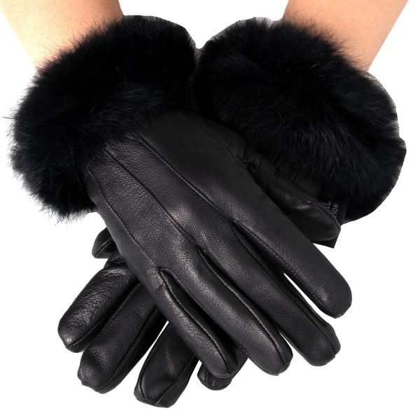 Klädda handskar för kvinnor Thermal i äkta läder i fuskpälskant (M)