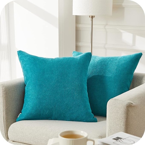 Set med 2 Kuddfodral 40x40cm Dekorativa Chenille Soffkuddfodral Sovrumsdekoration Fyrkantig Enfärgad för Stol, Bil, Kontor, Turkos