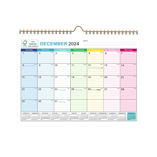 Veggkalender 2024, januar 2024-desember 2024, 10\" x 13\", markerte helligdager, planleggingskalender, tykt papir