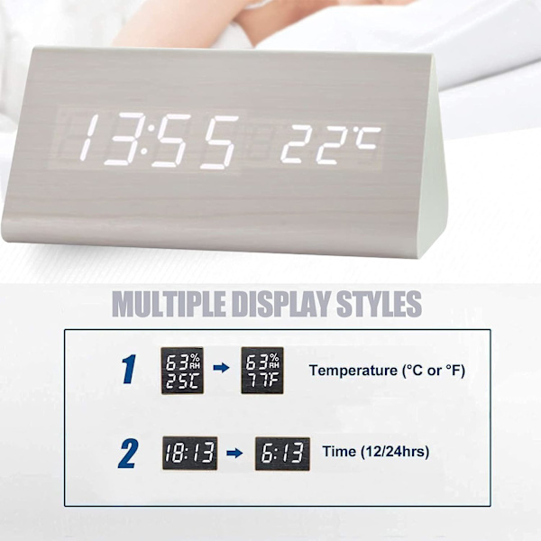 Triangelformad LED digital väckarklocka Digital väckarklocka med röststyrning, snooze-funktion, datum, temperatur och luftfuktighet (vit)