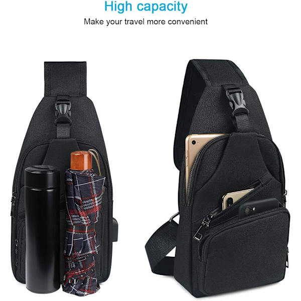 Herre Crossbody Taske, Brysttaske med USB-opladning og Høretelefonport, Herre Rejse Rygsæk (Kun en Rygsæk), Sort