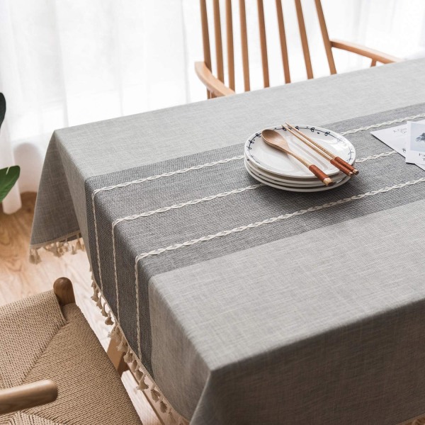 Rektangulär bordsduk i bomull och linne, broderad fläckfri vattentät bordsduk Bordsskydd med fransar för matbord, grå rand (extr.