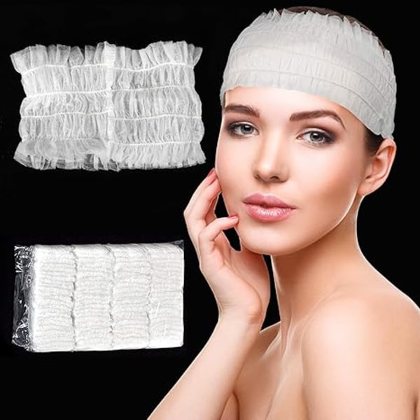 100-pack engångspannband, mjukt icke-vävt ansiktsband, elastisk hudvård, väsentliga professionella sminksalonger bastutillbehör för kvinnor, vit