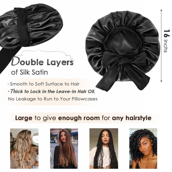 Satinmössa Silkesmössa för sömn Dubbelskiktad satinfodrad hårmössa med knytband Bonnets för kvinnor Naturligt lockigt hår black