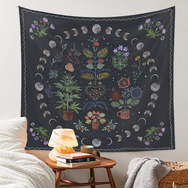 Växttapet, Natur Månfas Gobeläng Vägghängande, Bohemian Mandala Gobeläng Estetisk rumsinredning, Botaniska Gobelänger Lämpliga för sovrum Dor