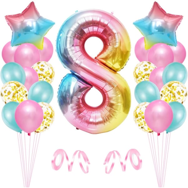 8-årig flickafödelsedagsballong, 8-årsdag, rosa ballong nummer 8, födelsedagsdekoration, grattisballong, 8-årig flickfödelsedagsfestdekorat