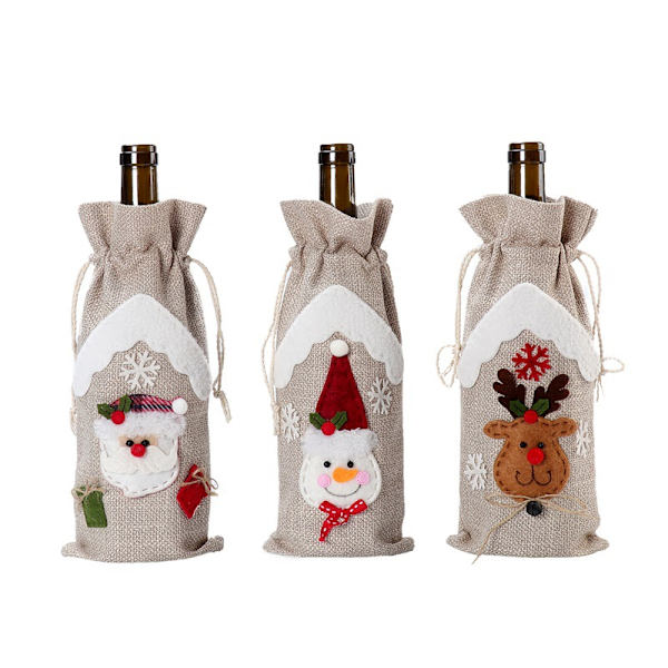 3-delad julburlap vinflaskhållare Champagne rött vin flasksäck Santa Snowman Moose vinsäck