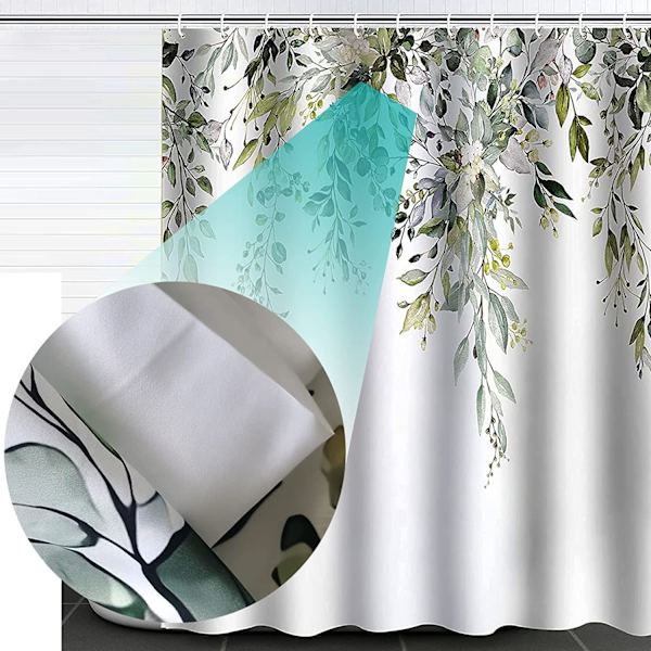 Duschdraperi, Duschdraperi i tyg, Duschrumsdraperi med 12 Krokar Eucalyptus Leaf Duschdraperi för Home Hotel Machine Duschdraperi, W