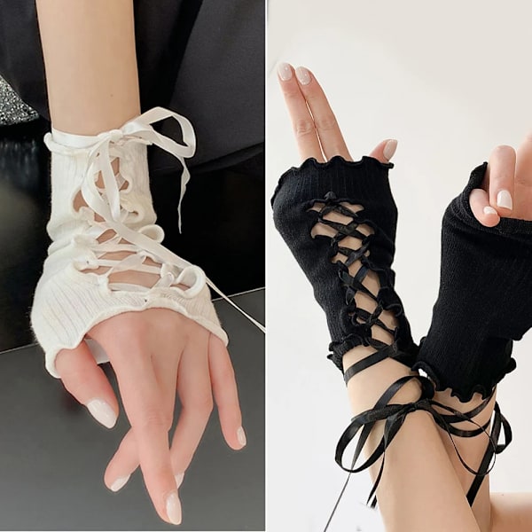 Y2k Fingerlösa Handskar DIY Armband Elastisk Mesh Ärmar Lolita Jk Gothic Cosplay Ärm Kläder Tillbehör vit