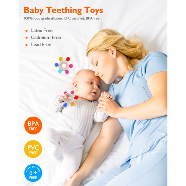 Bitleksaker för bebisar 0-6 6-12  månader Tuggleksak för bebisar med träringar Leksaker som hjälper mot tandvärk （rosa）