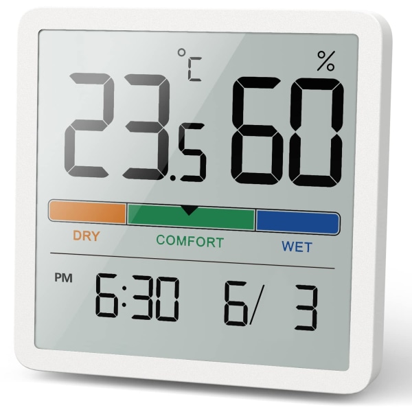 Hygrometer inomhustermometer, digital stationär termometer med temperatur- och fuktighetsmätare, noggrann luftfuktighetsmätare Rumstermometer med klocka (