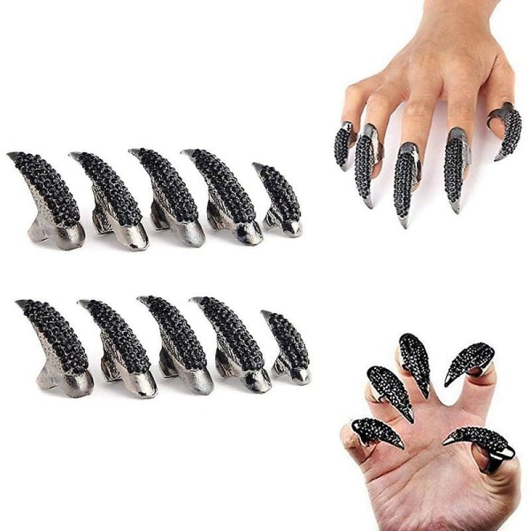 10-pack Halloween Costume Claw Fake Nails Ring Set, Goth Punk Cr