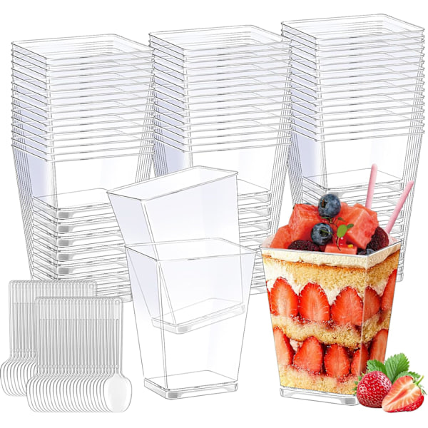 50 glass fingermat, 160 ml dessertkopper, med 50 skjeer inkludert, perfekt for å lage gjør-det-selv-kaker som mousse, pudding, is osv.