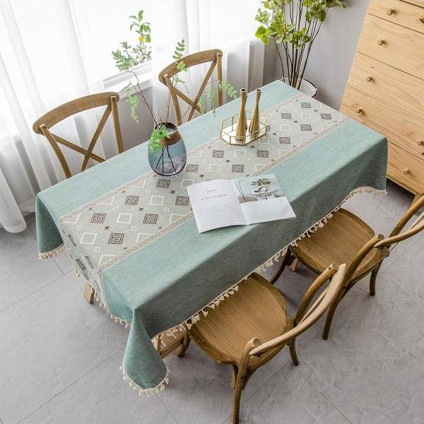 Linne och bomull rektangulär duk, fyrkantsstygn tofsformade rektangulära dukar Tvättbara dukar för köksmatbord (140x180cm)