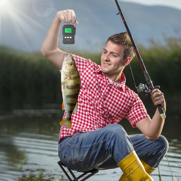 Bærbar elektronisk vekt, 75 kg LCD bakgrunnsbelyst digital fiskevekt, krokvekt med målebånd