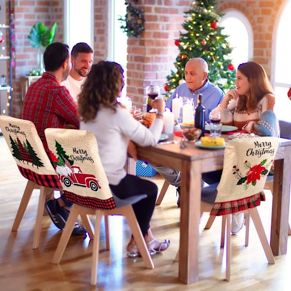 Jul Cover Set med 3 matstolsöverdrag för jul Linne Matsalsstolsöverdrag Julgran Blomma middagsstolsöverdrag för Chr