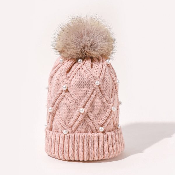 Bitar av höst och vinter Stor rombisk twist ullhatt Enfärgad enkelrem Varm stickad mössa för kvinnor (rosa)
