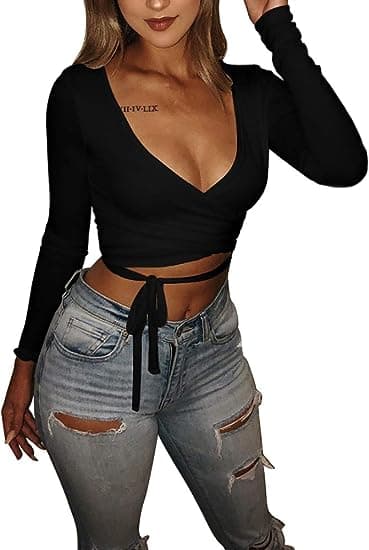 Dame Deep V-hals Langærmet Snøre Kryds Wrap Crop Top (Sort, L)