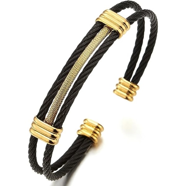 Armband i rostfritt stål för män kvinnor - justerbart armband med vridna kabel - svart och guld