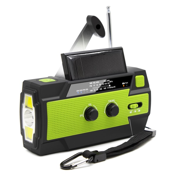 Nödradio, 4000mAh väderradio med handvev och solladdning, 3-växlad LED-ficklampa, SOS-larm, Portable Power Bank, AM/FM/NOAA, Rörelsesensor