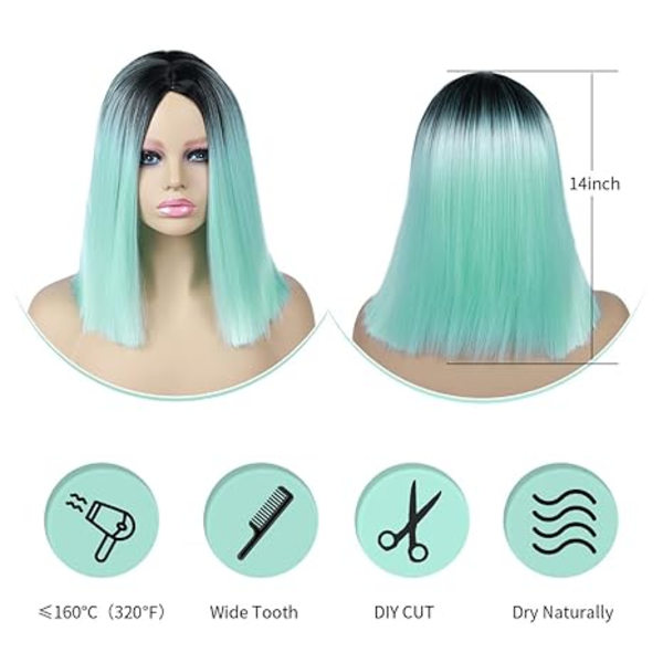 Mintgrön Kort Rak Syntetisk Peruk Mittbena Bob Peruk Värmebeständig Rollspel Party Färgglad Damperuk 35 cm