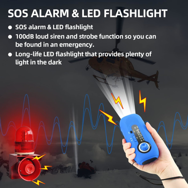 Solar Dynamo Radio, Solar Radio med SOS larm för nödsituationer, IPX3 vattentät radio, AM/FM vevradio, Ficklampa, 2000mAh batteri (blått)