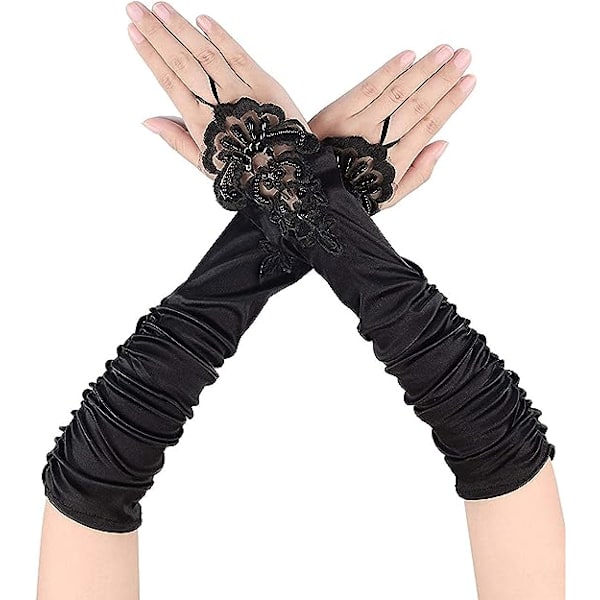 1 par lange elastiske fingerløse handsker til kvinder, blonde opera aftenhandsker, satinhansker til Halloween-fest, bryllup, koncert (sort)