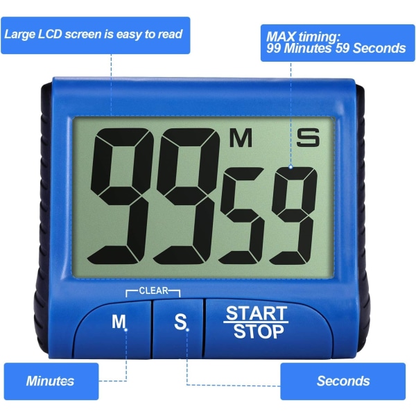 Set med 4 digitala kökstimer för stor skärm - Magnetiska elektroniska kökstimer med högt larm - svart, vit, röd, blå