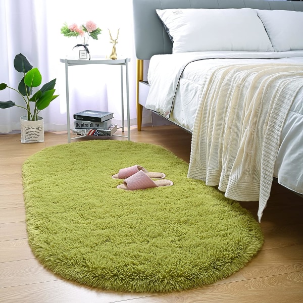 Soft Shag mattor för barnrum, 2,6x5,3 fot ovala gröna plysch fluffiga mattor för vardagsrum, lurviga mattor för tonårsflickor sovrum, bekväma halkfria mattor för