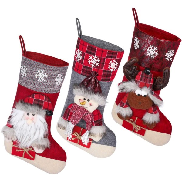 Julstrumpor, tomte, snögubbe, renar 3D plysch julstrumpor för julfest Hemdekorationer, 3 delar