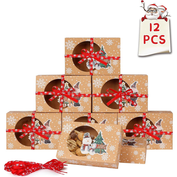12 st julkakor presentlådor Goda lådor för julklappar och julfesttillbehör, julkraftpapper bageri lådor med genomskinligt fönster och