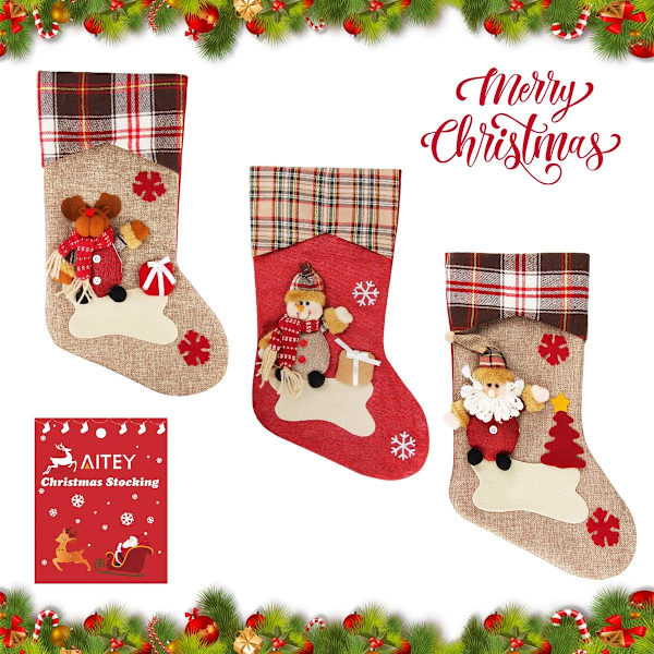 Julstrumpor, 18" set med 3 tomte, snögubbe, renar, 3D plysch julkaraktär med fuskpälsmanschett juldekorationer och festtillbehör
