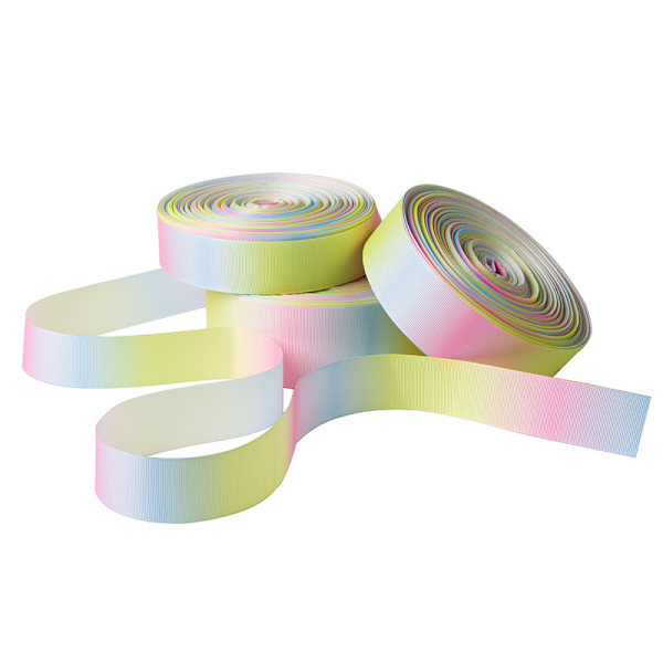 100 yards Rainbow Polyester Utskrift Tejp Utskrift Färgglad Gradvis Färg Förpackning Band Värmeöverföring Utskrift Tråd Snö Garn Silke