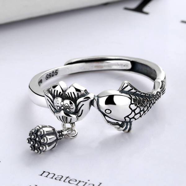 Silverring hona retro etnisk karp lotus ekollon matring par justerbar ring honansikte ring bredd 8 mm