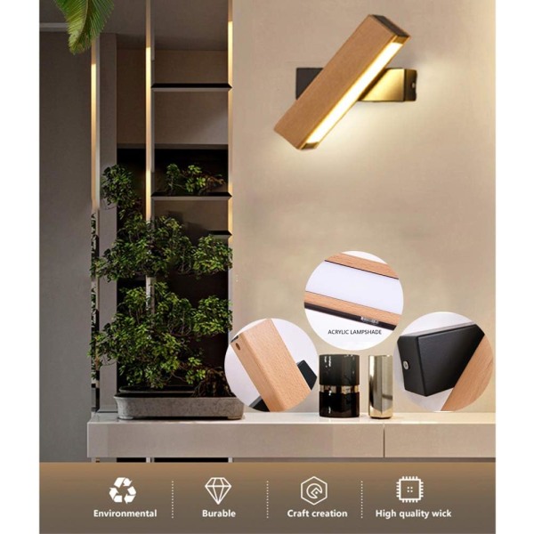 LED-vägglampa, 4W 400LM Vägglampa för inomhus trä 360° roterbar, 3000K varmvit vägglampa för sovrum, vardagsrum, kontor, dia 21cm