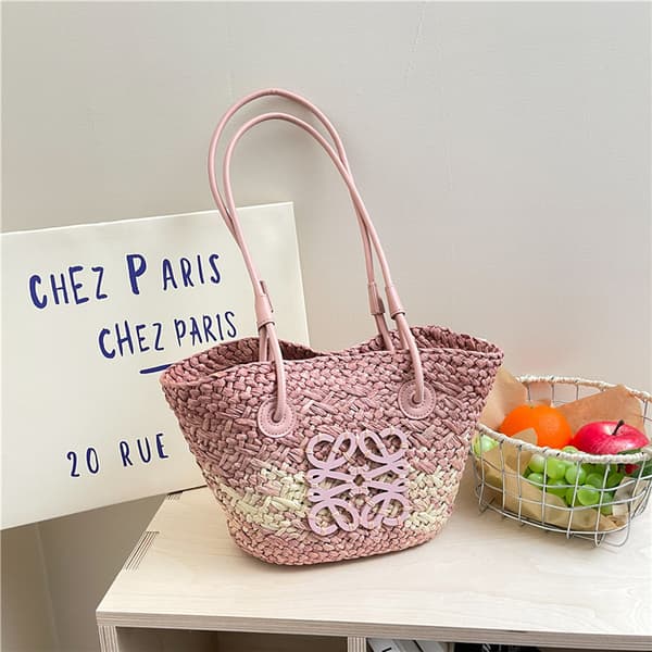 Semesterstrandväska – Vävd väska i raffia （Beige-pink）
