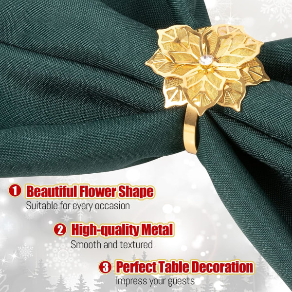 Jul servettringar - guldblomma servetthållare metall jul servettspänne för julfest, middag, bröllop, matbordsdekoration (set om 8