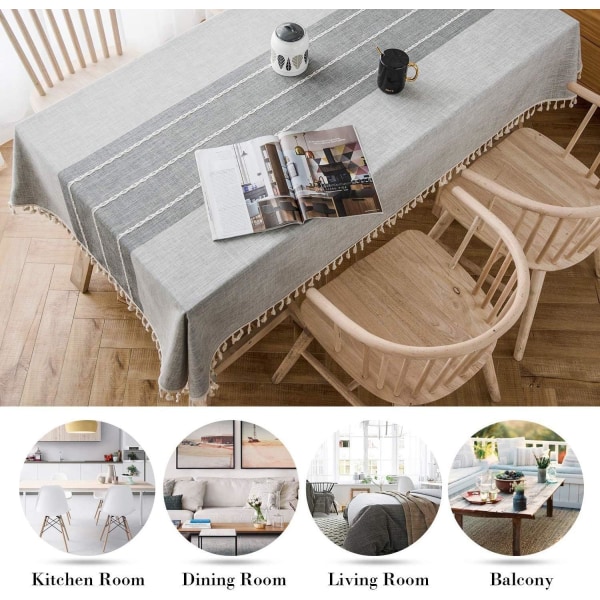 Rektangulär bordsduk i bomull och linne, broderad fläckfri vattentät bordsduk bordsskydd med fransar för matbord, grå rand (stor