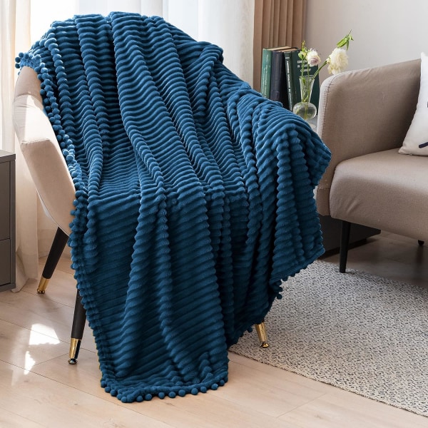 Fleecefilt Twin Storlek - 51x59, Blå - Mjuk, Fluffig, Fluffig, Varm, Mysig - Perfekt plagg för soffa, säng, soffa - med Pom Pom fransar - Flanell Blanke