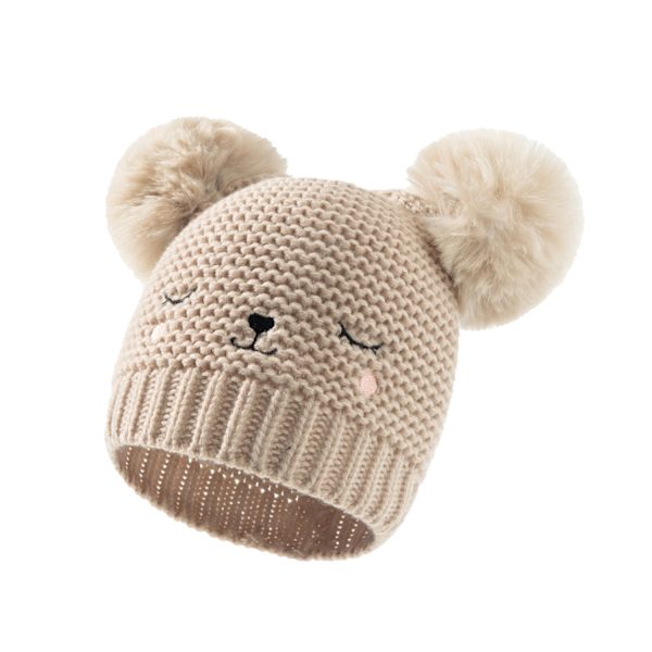 Barns broderad stickad mössa Höst och vinter baby solid dubbel boll cap (khaki)