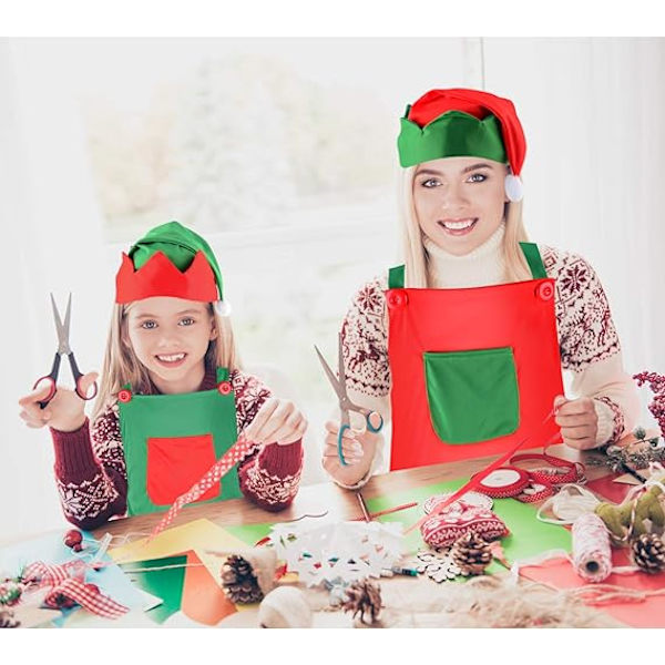 2 stycken jultomtesatser inklusive tomteförkläden och tomtehattar för julfestkostymer (grön)