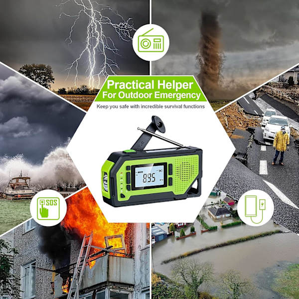 Bärbar radio med LCD-skärm och 2000mAh uppladdningsbart batteri Handvev Nödradio Solar Power Bank SOS Alarm -Grön