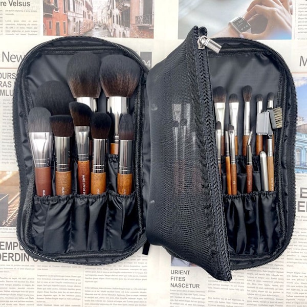 16-hullers håndholdt makeup taske Rejse makeup taske Stor kapacitet multi-funktion lynlås opbevaringstaske 260*175*40mm (kun makeup taske, uden makeup børste)