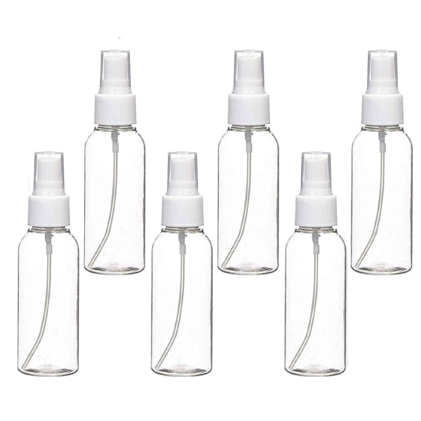 Sprayflaskor, 2 oz/50 ml genomskinliga tomma mini plast findimma reseflaskor set, små påfyllningsbara vätskebehållare (6-pack)