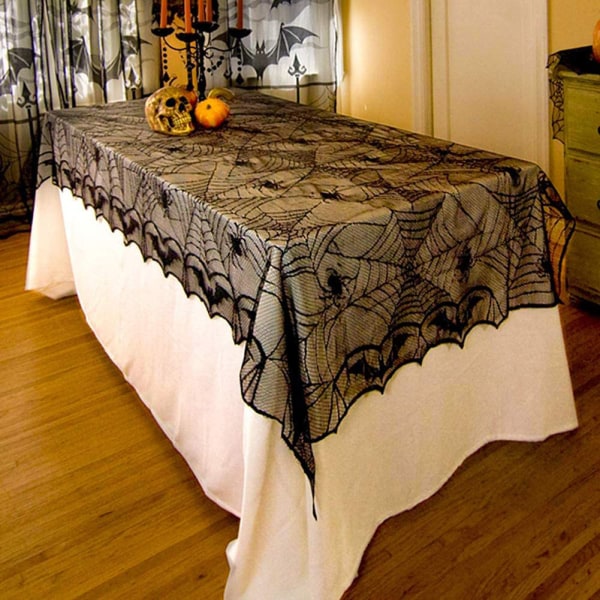 Halloween spetsduk rektangulär svart spindelnät 48 x 96 tum polyester spöklik fladdermus spetsduk för gotisk halloweenfest hemdekorationer