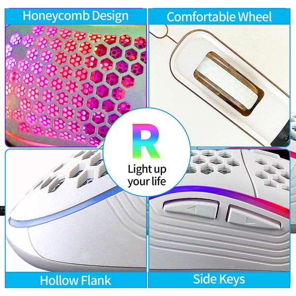 Honeycomb trådad spelmus, RGB-bakgrundsbelysning och 7200 justerbar DPI, ergonomisk och lätt USB -datormus med högprecisionssensor för Windo